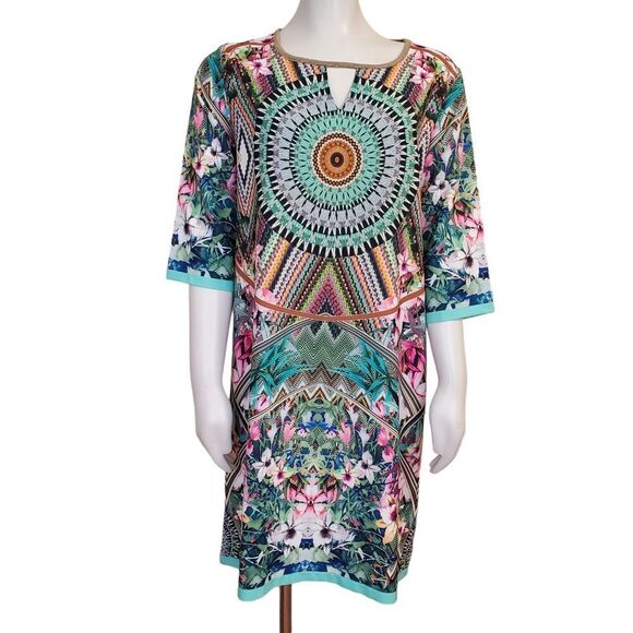 Claudia C Italy Dress Lightweight Sheath Size 42/10 Stunning Print gold Sparkle - Picture 1 of 8